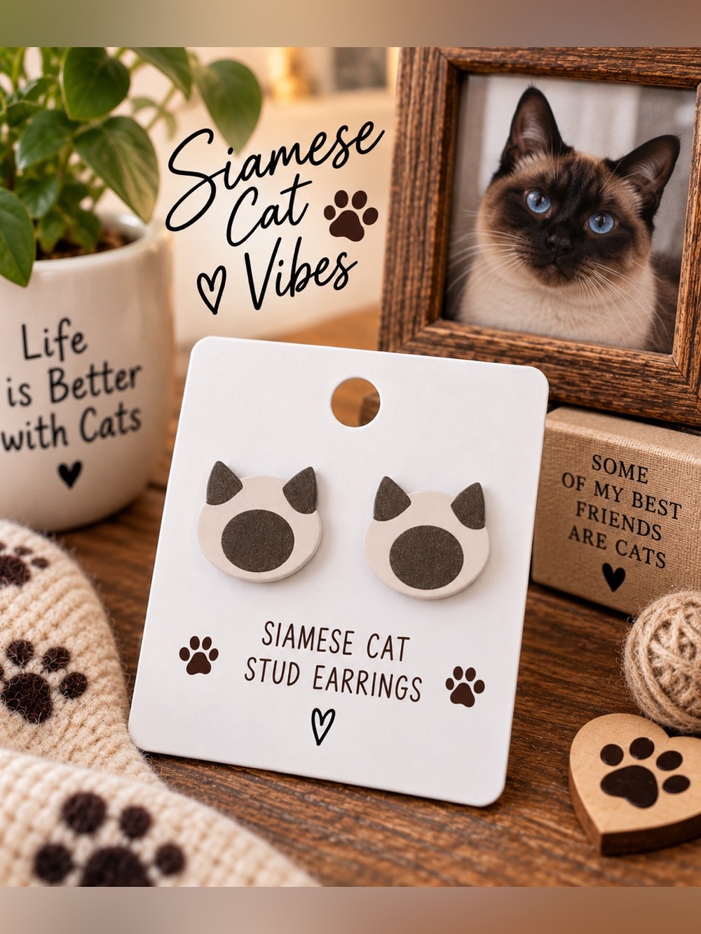 Siamese Cat Stud Earrings Cream Brown Kitty Cat Lover Gift New